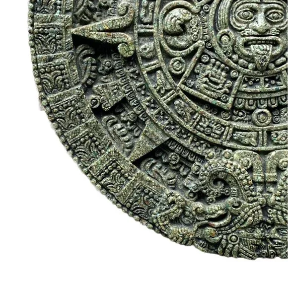 MCM Aztec Sun Stone Calendar-Marked Original Zarebski Crushed Green Stone 11.5"